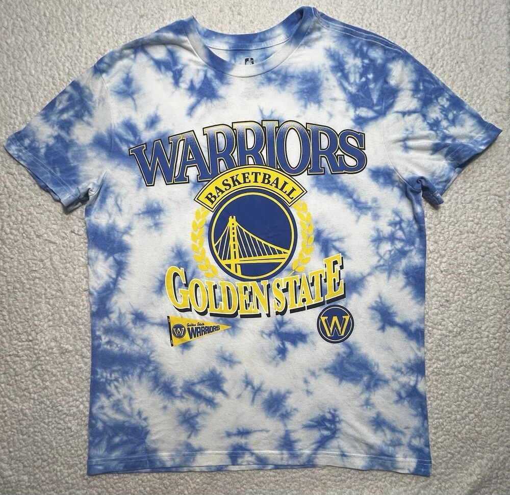 Golden State Warriors NBA Men's L Tie Dye T-Shirt Blue White Graphic - See Stain